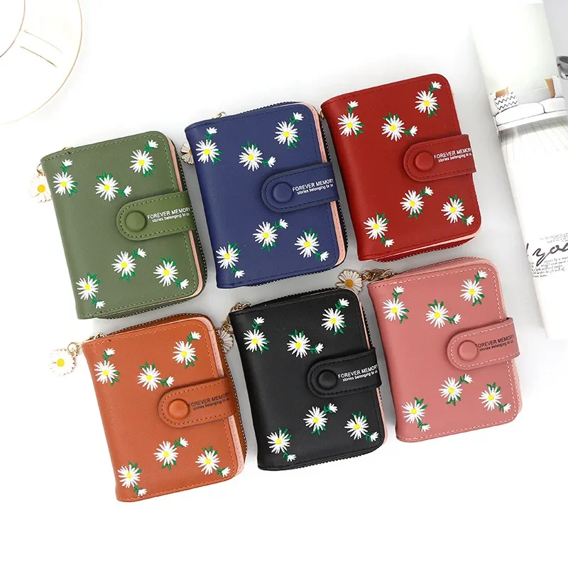 New Women Short Wallet With Coin Pocket Leather Female Flower Purse Ladies Card Holder Fashion Woman Small Zipper Clutch Bag