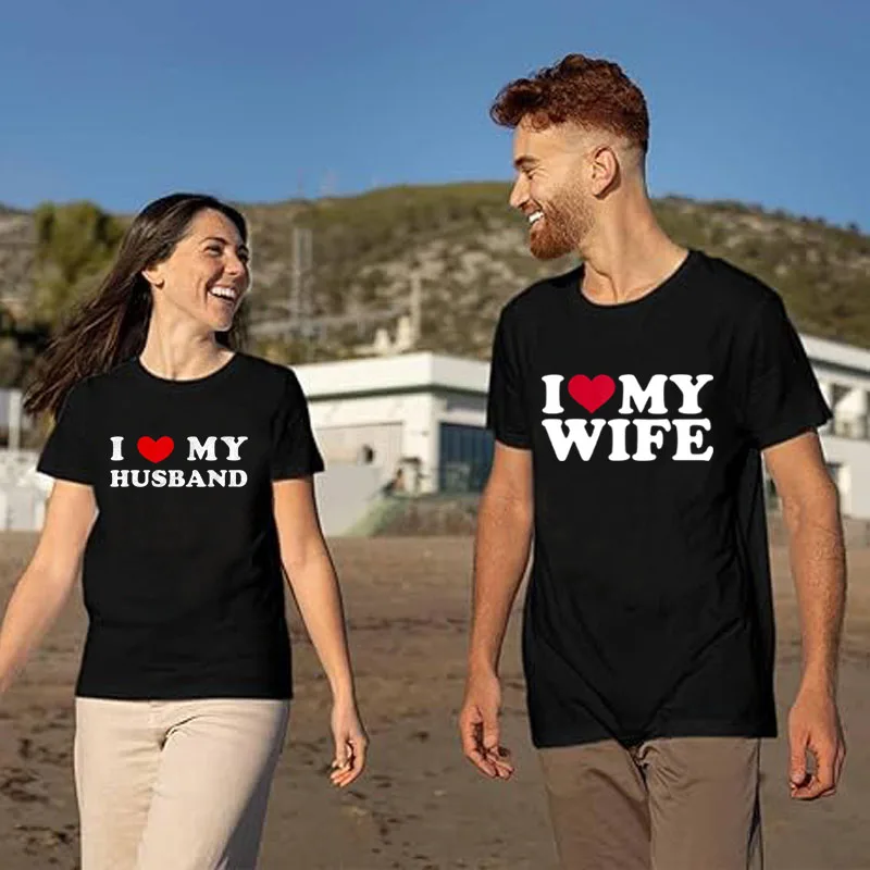 القلب الأحمر أنا أحب زوجتي تي شيرت أنا أحب زوجي ، أنا قلب زوجي قائلا المحملة الأزواج هدايا عيد الحب Y2k القمم