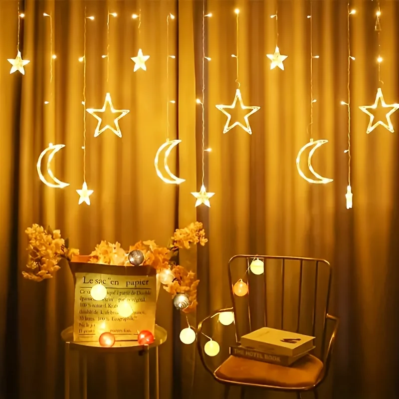 Star Moon LED Curtain String Light Battery Fairy Lights Christmas Garland for Festival Decor New Year Wedding Party Home Decor