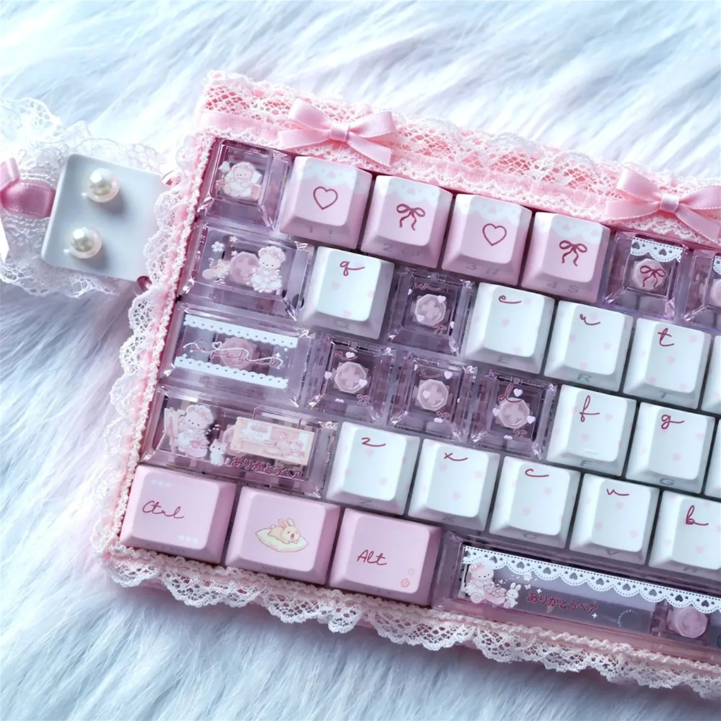 Pink White Keycap Bear Tea Party Cherry Profile Keycap 31-171Keys Side Print Backlit PC PBT for Wooting Magnetic Switch Keyboard