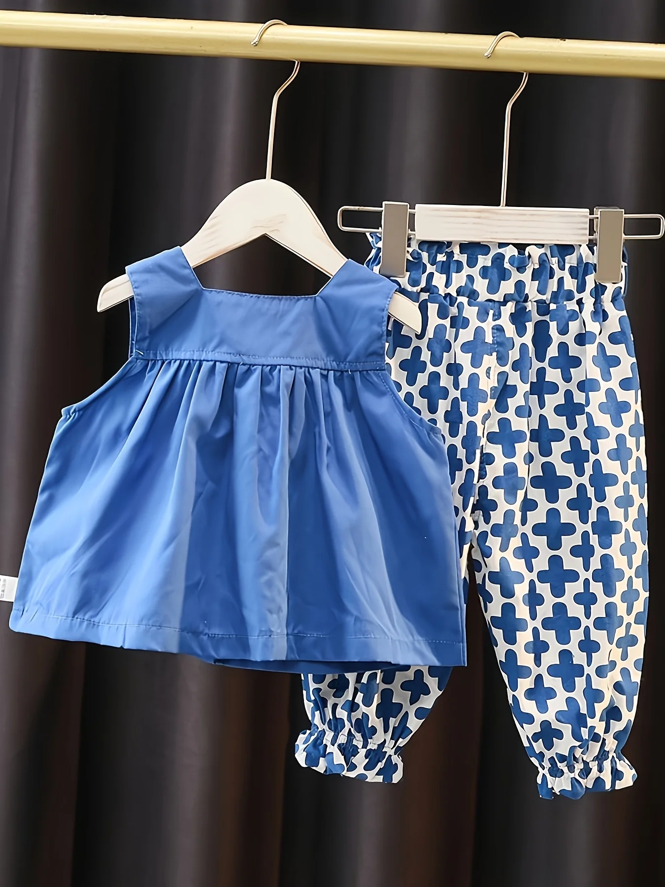 Baby Girls 2Pcs Summer Outfit Solid Blue Square Neck Sleeveless Blouse Cross Print Elastic Cuff Bloomers Kids Casual Clothes Set