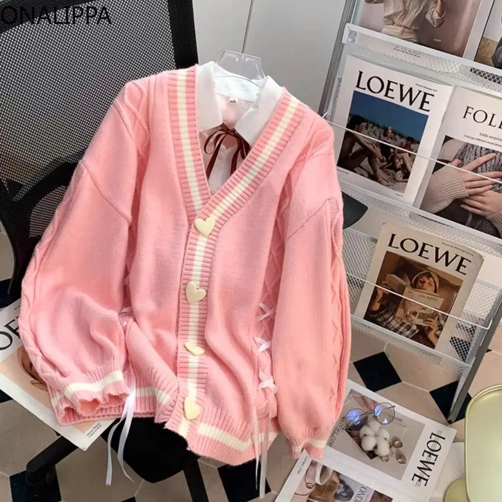 Onalippa Drawstring Sweet Oversized Cardigan Contrast Striped Heart Shape Buttons Knitted Cardigans Slouchy Style Sweater Women