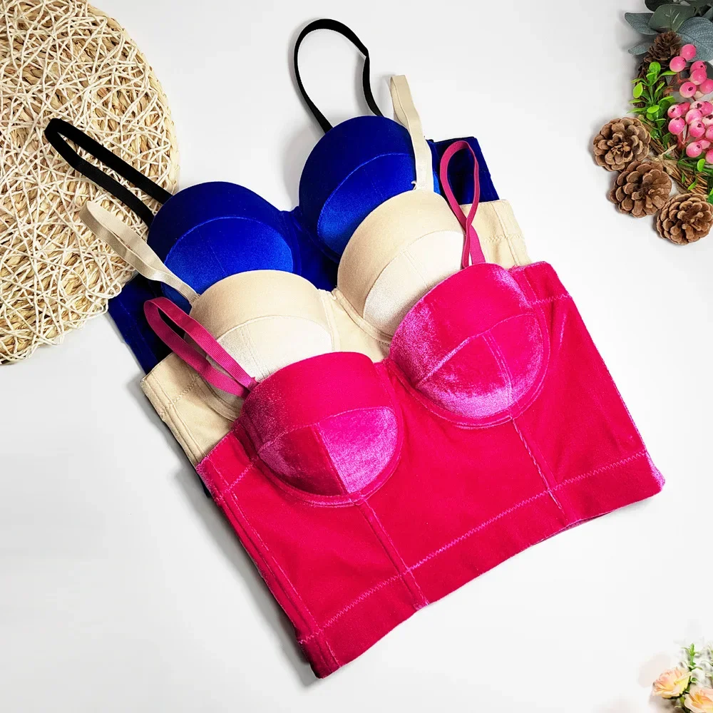 Women's Solid Color Velvet Adjustable Strap Vest Underwire Corset Crop Top Fishbone Push-up Bra Underwear Lingerie Bralette