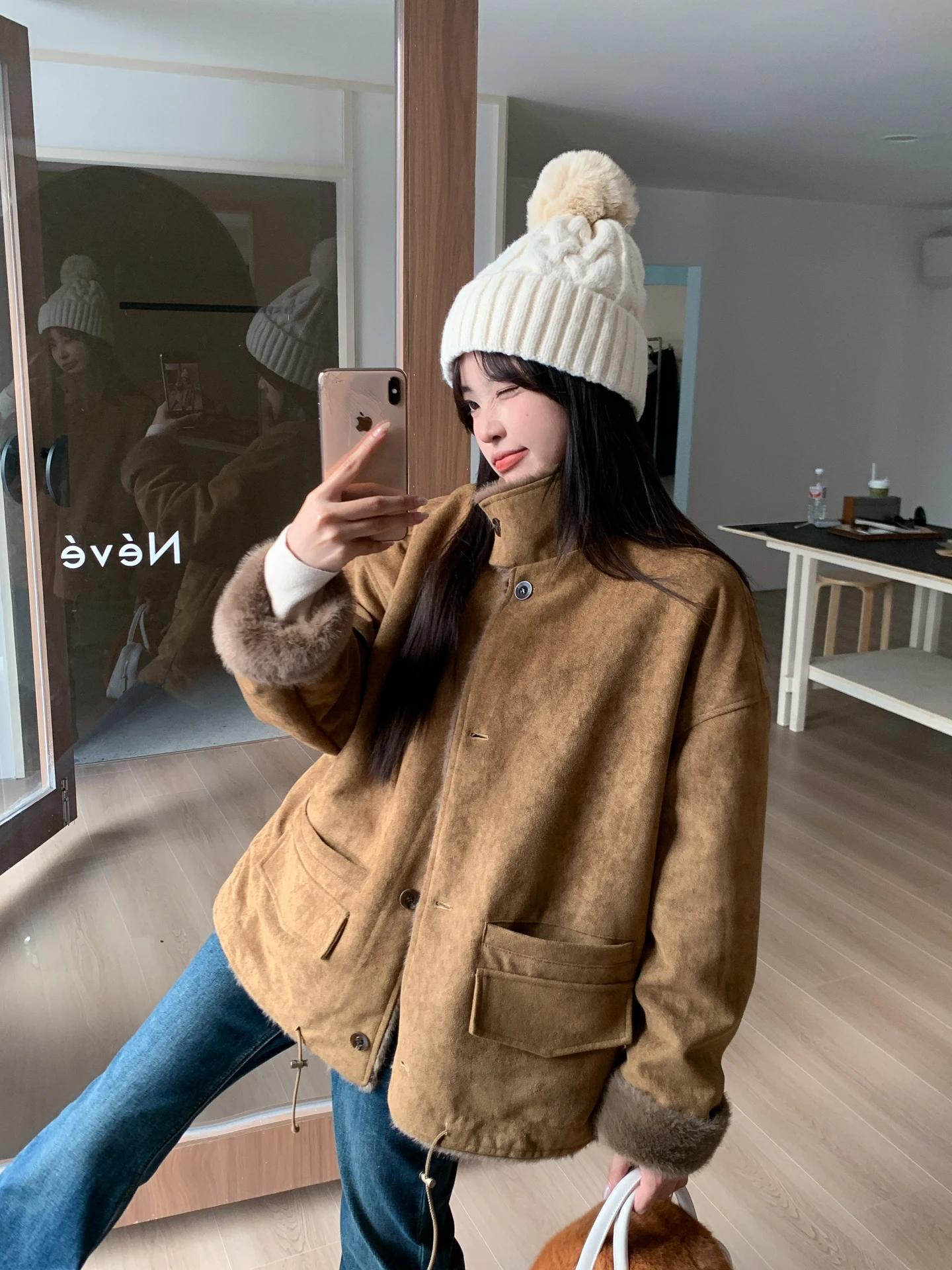 

Корейская двусторонняя шуба с мехом, женская зимняя модная теплая универсальная утягивающая кожаная шуба с воротником-стойкой Long Sve