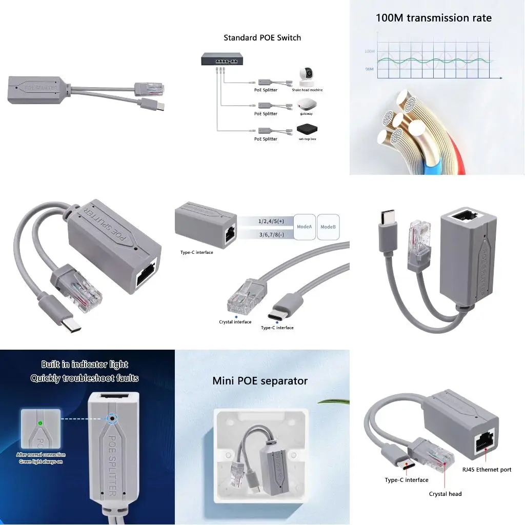 100Mbps 48V에서 5V로 변환하는 POE 스플리터 표준 절연형 타입-C USB 전원 공급 모듈 POE 스플리터