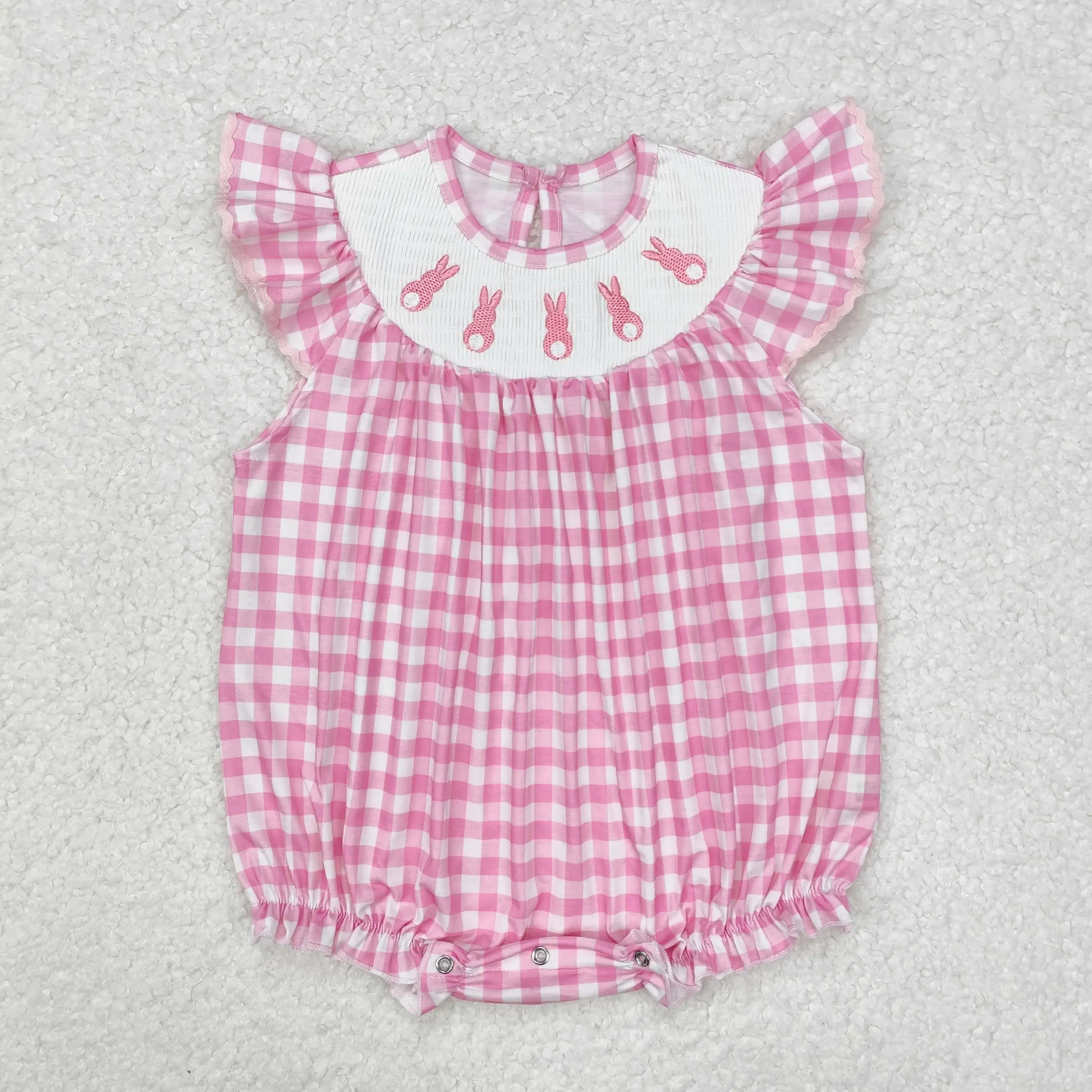 

Newborn Baby Girls Pink Plaid Embroidery Easter Bunny Short Sleeve Romper RTS baby clothes girls Romper set Easter Jumpsuit
