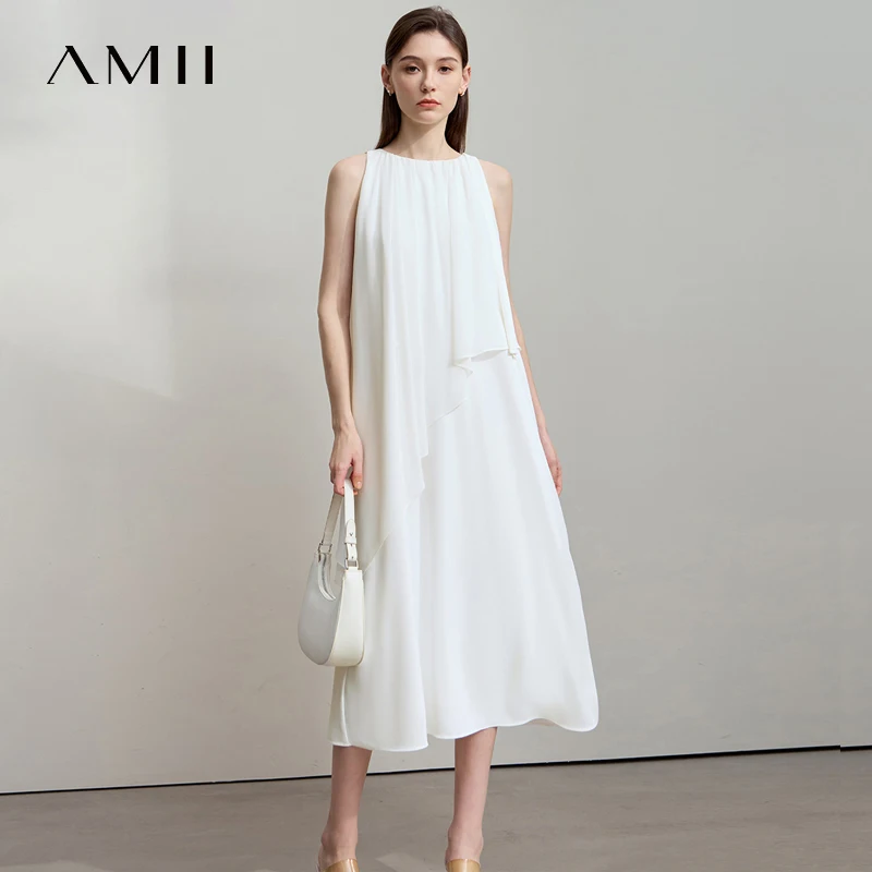 

AMII Minimalist Luxury Evening Dress Women 2025 Summer Vacation O Neck Sleeveless Irregular Floating Piece Cami Dresses 12542203