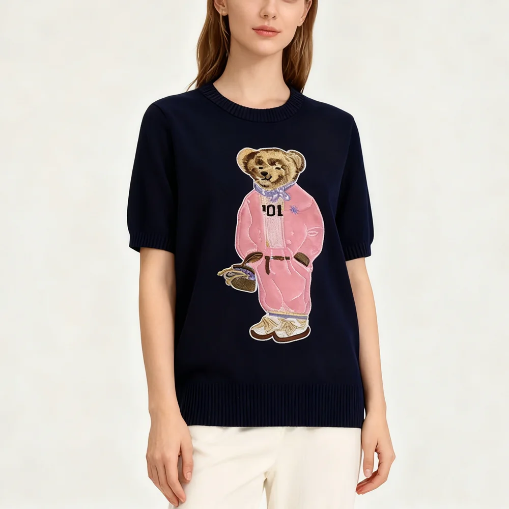 เสื้อสเวตเตอร์ถักไหมพรมผู้หญิงสไตล์เกาหลีลายการ์ตูนปักแขนสั้นเนื้อบางเบาใส่สบายสำหรับฤดูร้อน