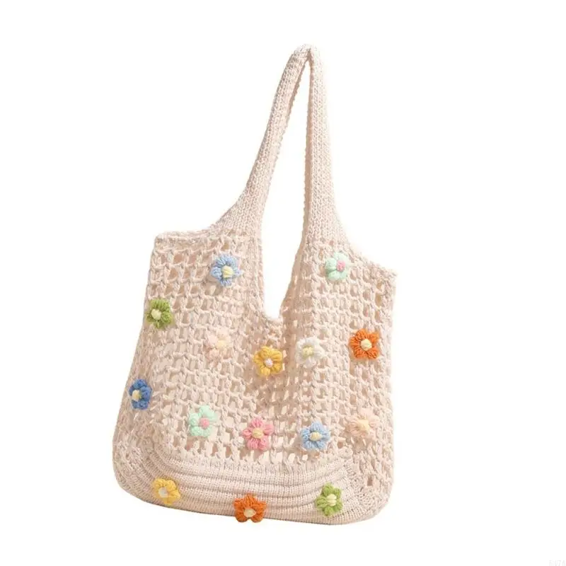 

Women Knitted Shoulder Bag with Flowers Shopping Bag Hollow Mesh Handbag Aesthetic Armpit Bag Fashion Beach Bag 547A
