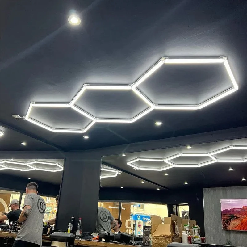 Hexagon LED Garage Lights 90-260V Honeycomb Ceiling Light LED Tube for Car Detailing Workshop Barbershop Gym