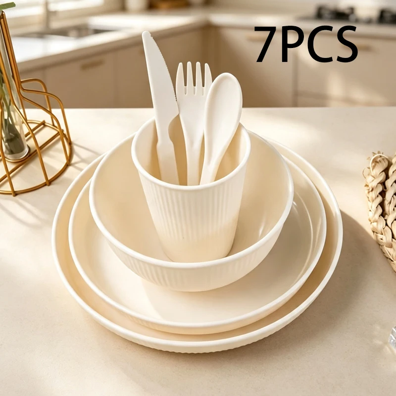 7pcsPP tableware set is a non-fragile and reusable plate, bowl and cup, which is suitable for camping family kitchens.
