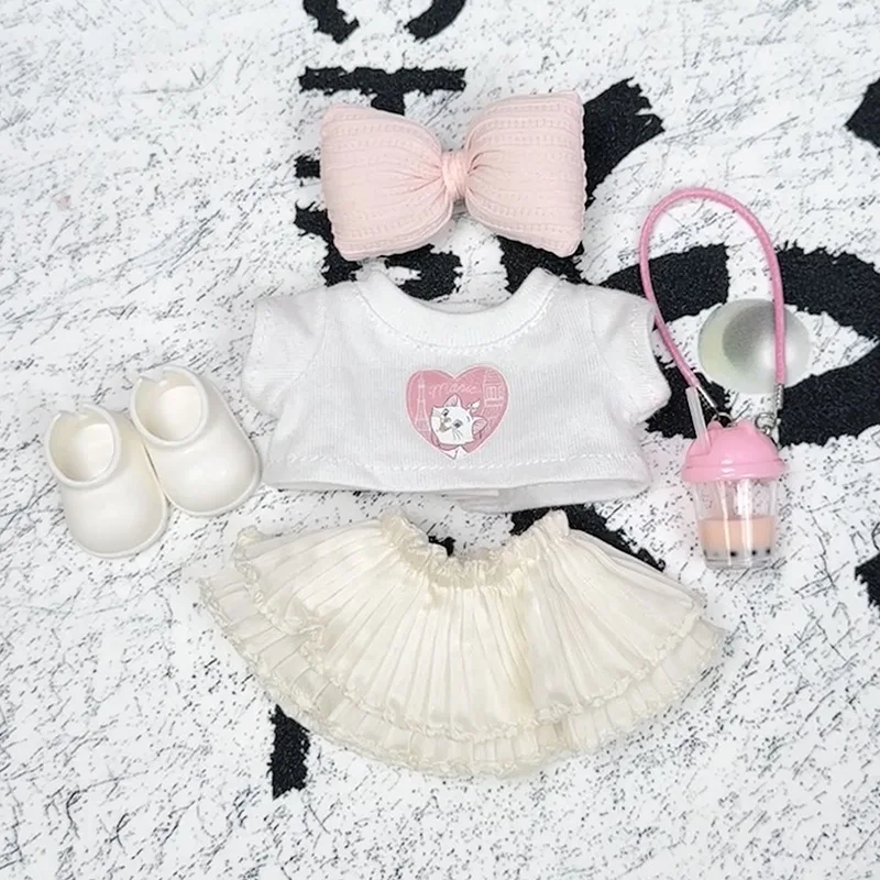 Sweet Style Outfit Set For 15/17cm 1st-3rd Generation Labubu Dolls White Top With Heart Shaped Cat Pattern Beige Pleated Skirt