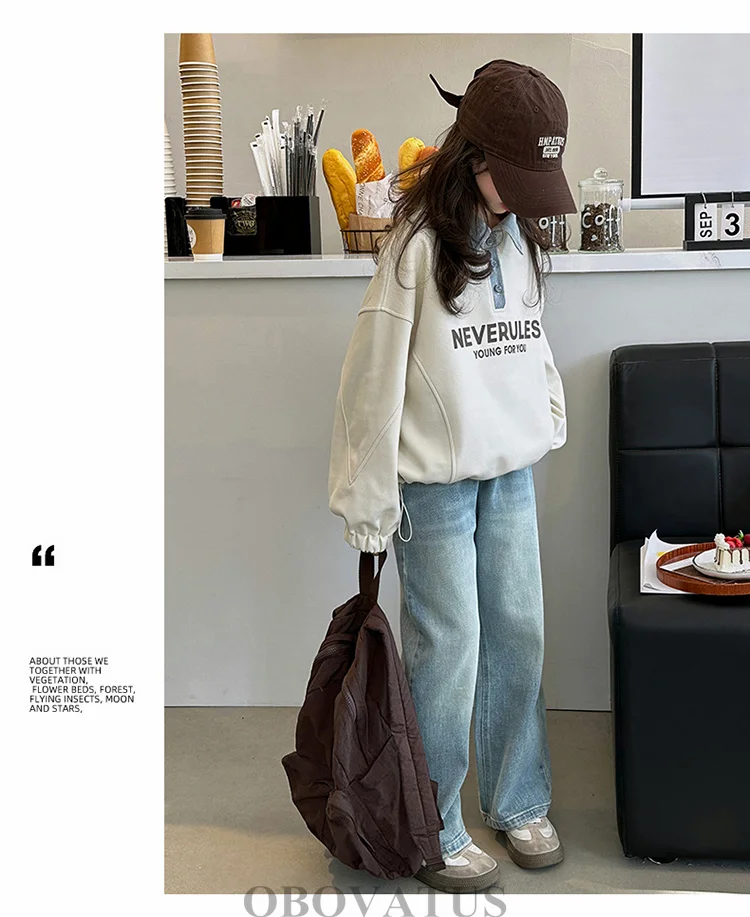 Koreanische Kinder-Langarm-Poloshirts für Mädchen Neue Mode Streetwear Kinder-Sweatshirt mit Denim-Kragen für Teenager im Alter von 5-14 Jahren – Detail 6