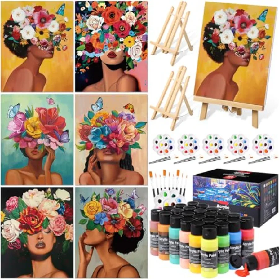 

6 Set Paint and Sip Kit for Adults 8"x 10" Pre Drawn Canvas for Painting DIY Acrylic Paint Set Canvas Panels Wood Easel, 24 Col