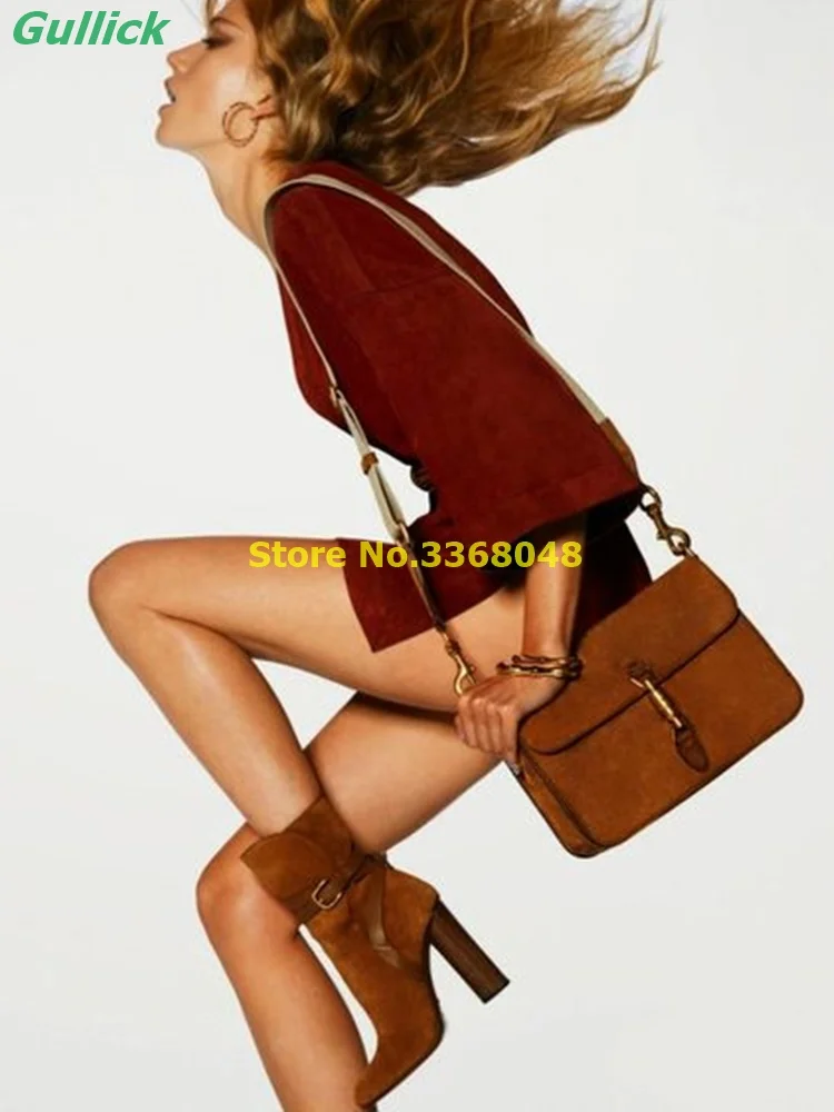 

Brown Suede Block Heel Ankle Booties Ankle Buckle Strap 2024 Spring Autumn Women Fashion Shoes Pointed Toe Runway Boots