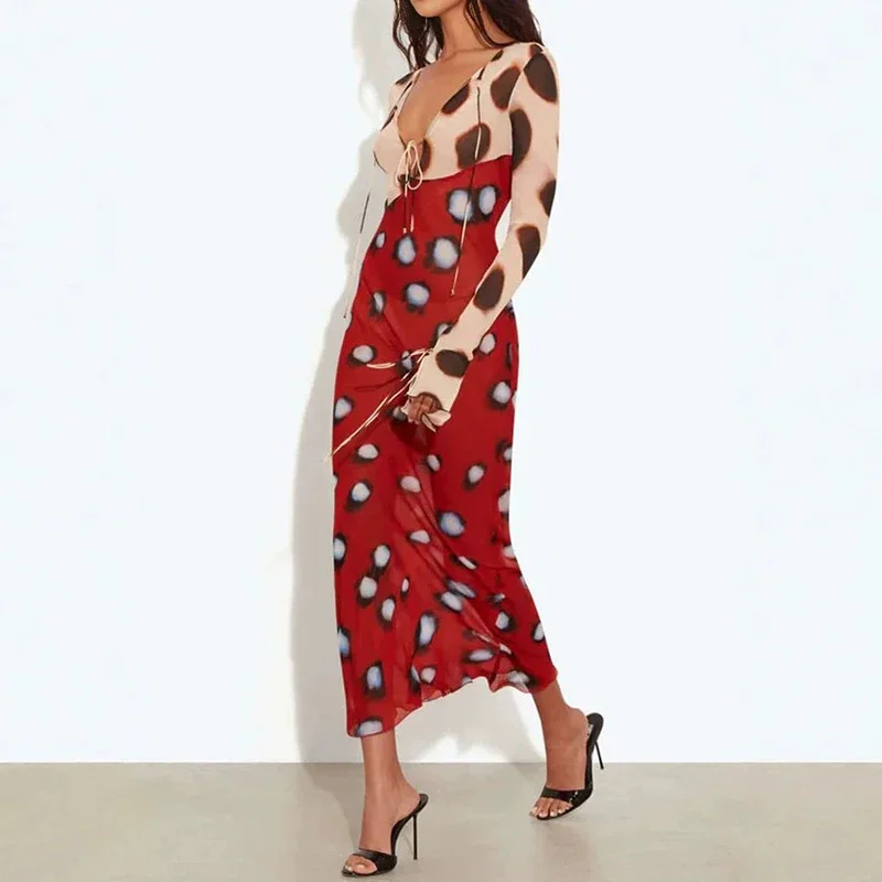 V Neck Lace Up Women's Casual Dress New Thin Mesh Spring Summer Dress Polka Dot Print Flared Sleeves Slim Fit Yacht Party Dress - view 2