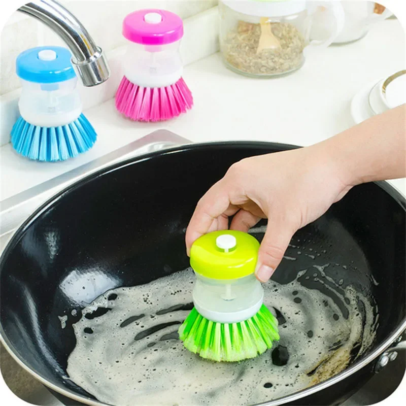 Random Color Kitchen Wash Pot Dish Brush Washing Utensils with Washing Up Liquid Soap Dispenser Household Cleaning Accessories