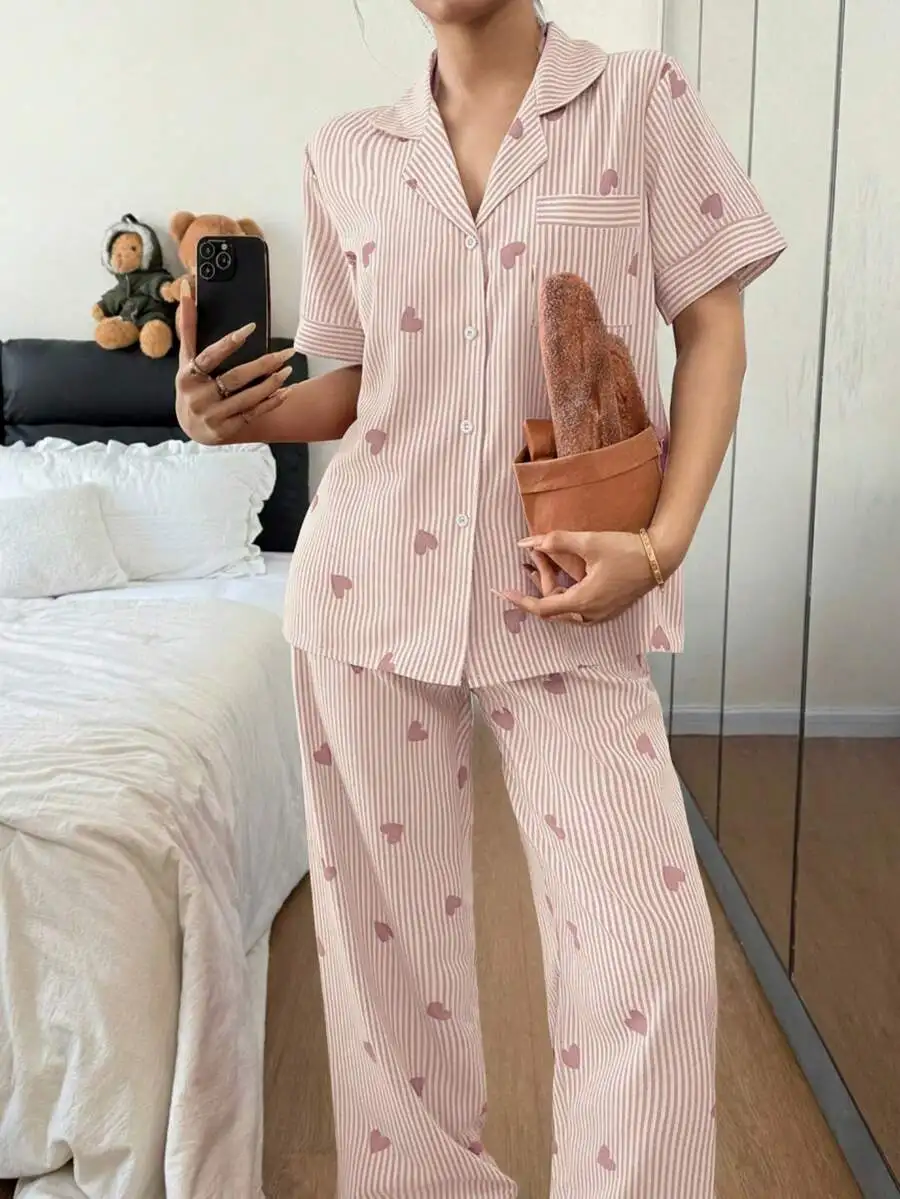 

Striped Heart Print Lapel Short Sleeve Pajama Set For Women