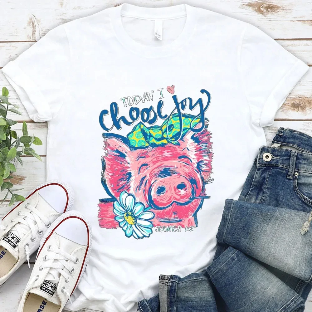 2026 Summer New Today I Choose Joy Pig Men's T-shirt Fashion Bestseller Round-neck Print T-shirt for Both Men and Women