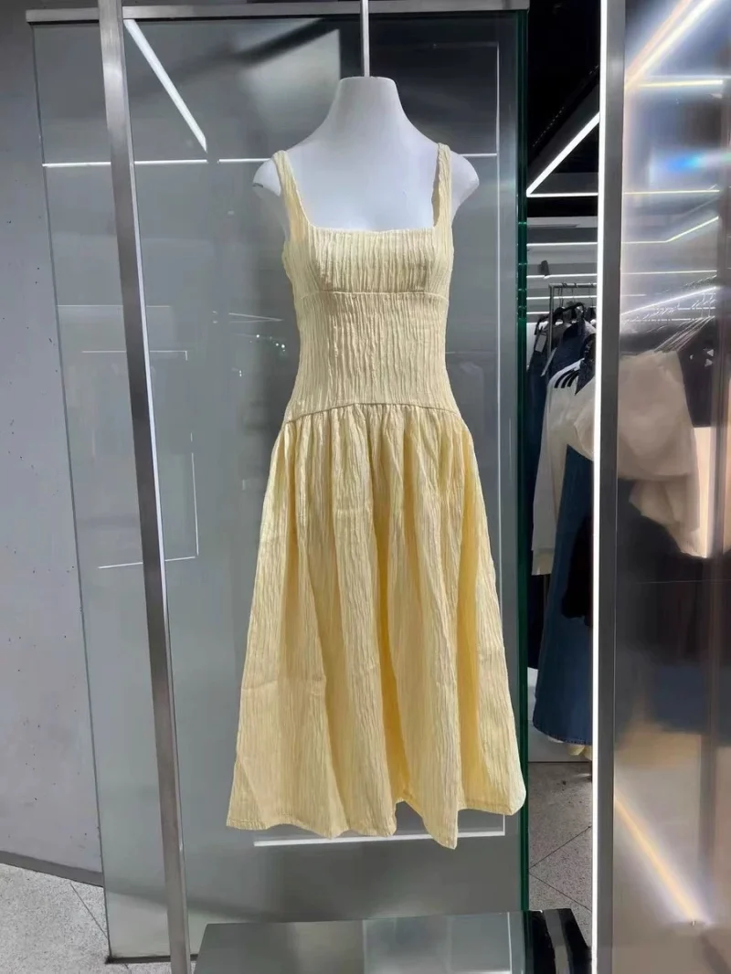LIBIELIY Summer New Women's Fashion Pleated Texture Fabric Sexy U-shaped Backless Sleeveless MIDI Dress