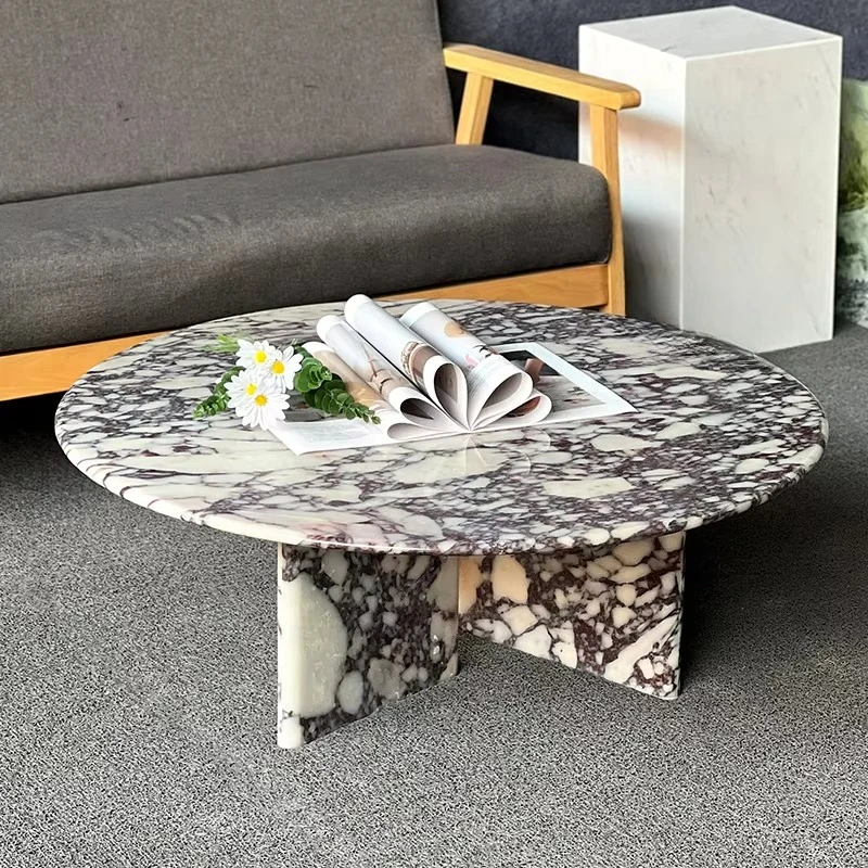 Mesa de Centro Moderna de Mármol Blanco con Tapa Redonda, Base Baja en Forma de T, para Sala de Estar, Personalizable, de Mármol Calacatta Natural