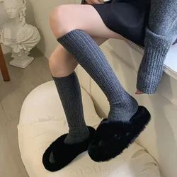 Autumn Winter Thick Warm Knee Long Socks Solid Color Women Stockings Wool Cashmere Thermal Girls Black Gray Long Socks Stockings