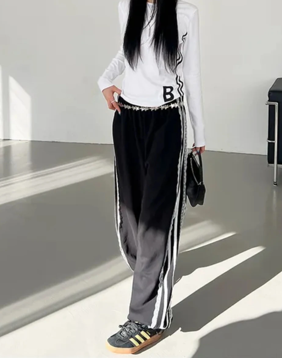 

Women's Black Striped Lace Spliced ​Casual Pants Y2k 2000s Korean Ins Elastic Waist Sports Pants Casual Ties Sporting Clothes