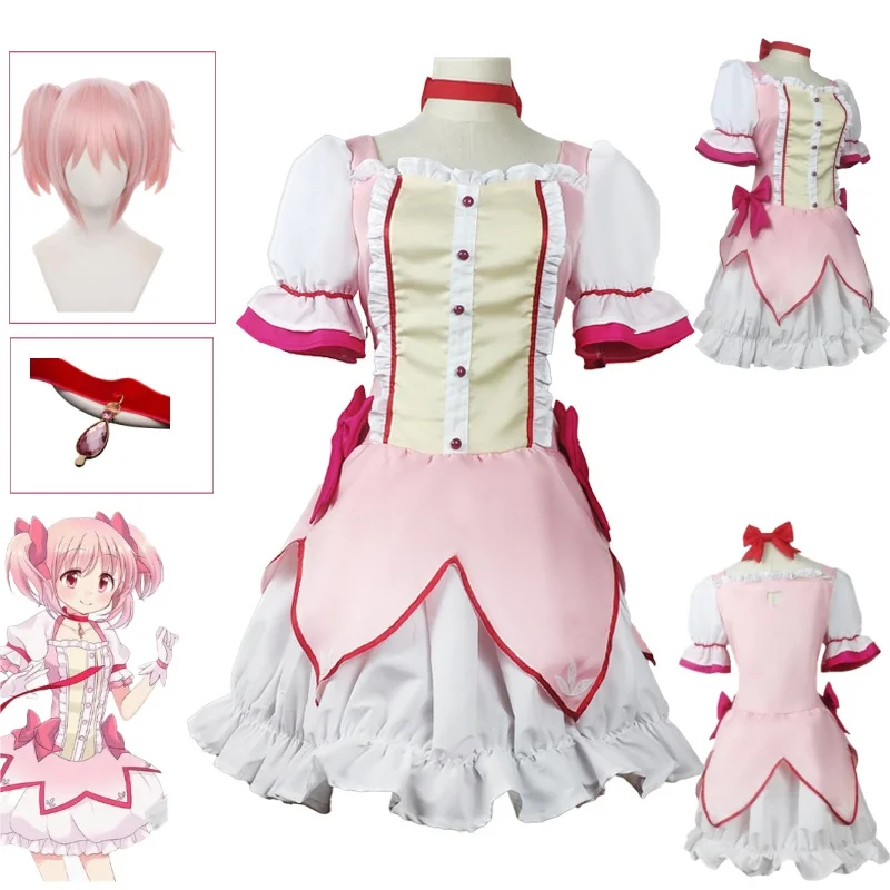 Customized Puella Magi Madoka Magica Cosplay Costume Madoka Pink Short Ball Dress Wig Chocker Girls Christmas Gift Dress Outfit