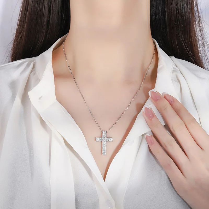 New S925 Full body Silver Seiko Women's Fashion Popular Full diamond Inlaid Cross Necklace Pendant Jewelry