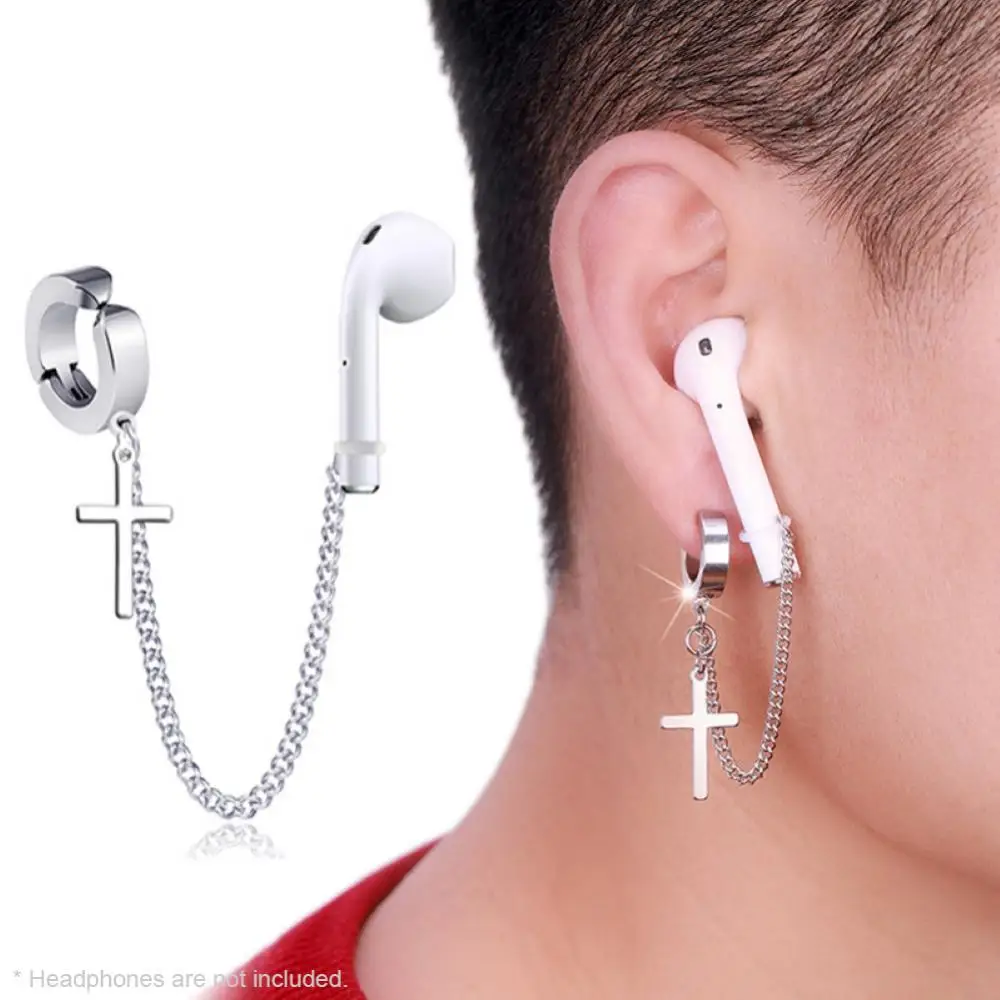 Écouteurs sans fil élégants, en acier titane, argent, chaîne de protection, boucles d'oreilles pour AirPods, unisexe, Clip d'oreille Anti-perte
