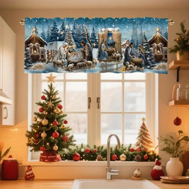 VIKAMA Blue Nativity Scene Holy Family Sheep Stable Star Christmas Short Window Curtain Religious Winter Festive Home Decor Warm