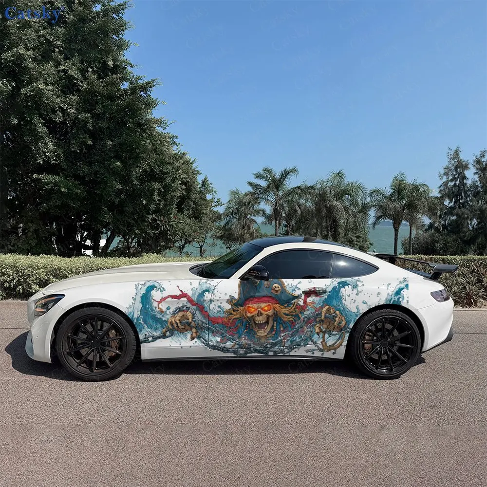 Chains On Waves Pirate Skull Car Side Wraps, Self-Adhesive PVC Waterproof & Scratch-Resistant Stickers, Car Accessory Gift