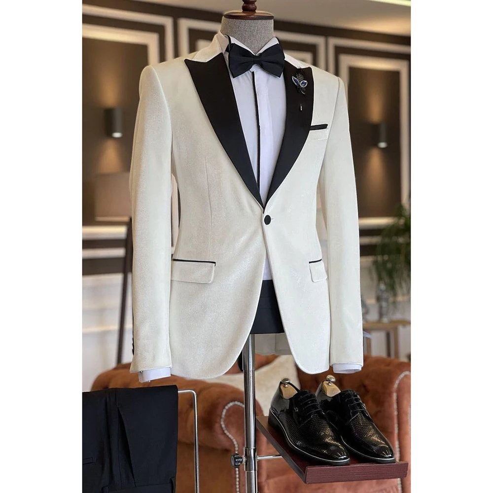 Boutique White Blazer Different Collar Shapes Men's Suit 2 Pieces Single Buckle Peak Lapel Set Daily（Jacket+Black Pants）