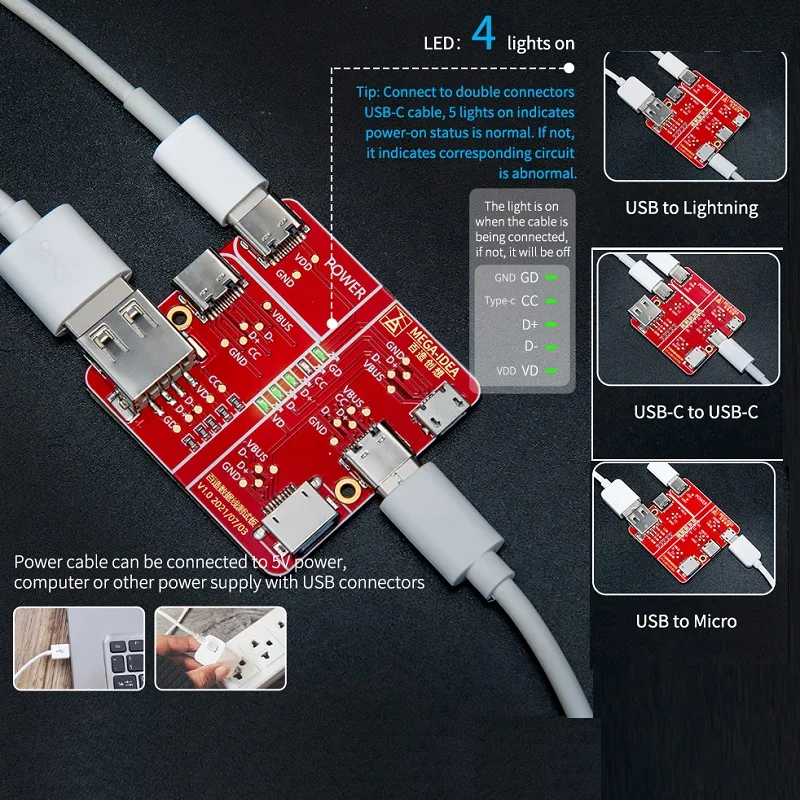 Qianli Quanli Mega IDEA Placa de prueba de detección de cables USB tipo de iluminación C Micro USB V8 herramienta de prueba de línea de cables comprobar abierto corto