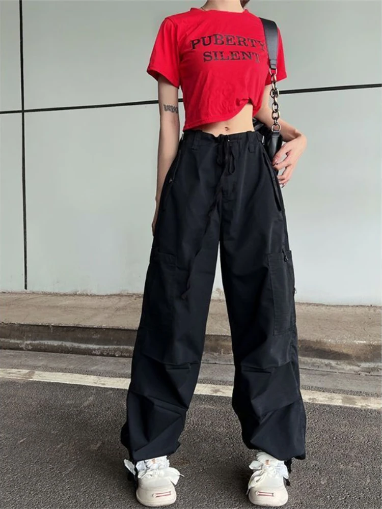 ADAgirl Green Women Cargo Pants Parachute Oversize Straight Leg Trousers Low Waist Sweatpants Casual Drawstring Side Pocket Alt