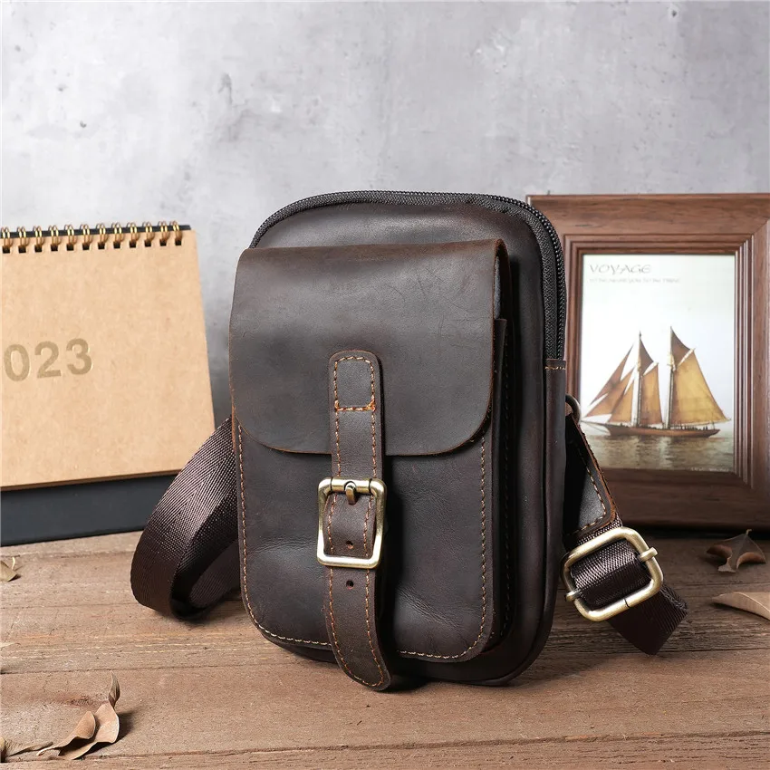 

Men's Waist Bags Shoulder Messenger Bages Crazy Horse Leather Business Casual Fanny Packs Multifunctional Mobile Phone Bag Male