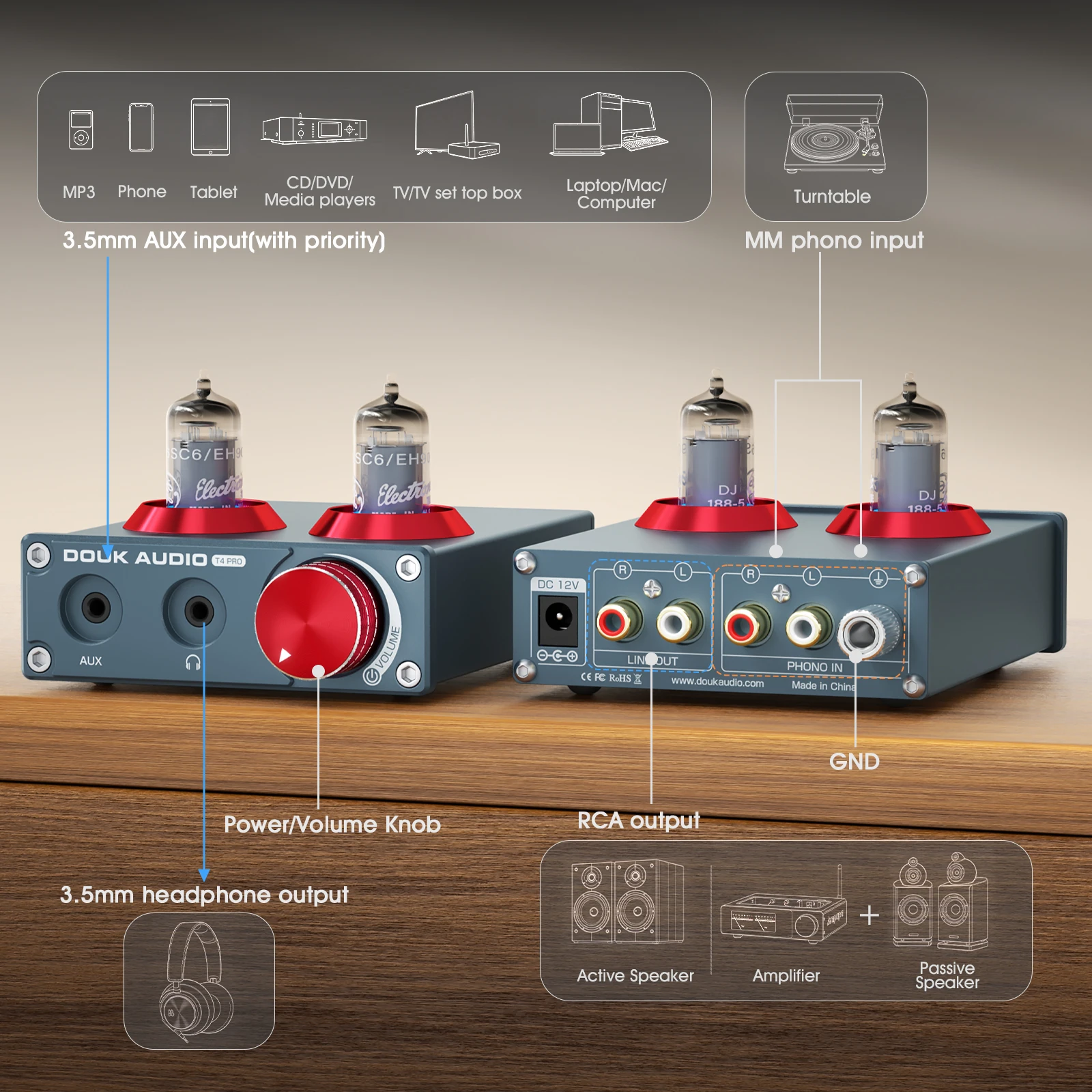 Douk Audio Mini 6CS6 Lampowy Przedwzmacniacz Gramofonowy do Gramofonów, Telefonu/PC/MP3/TV, Domowy Wzmacniacz Audio Stereo, Wzmacniacz Słuchawkowy — zdjęcie produktu 2