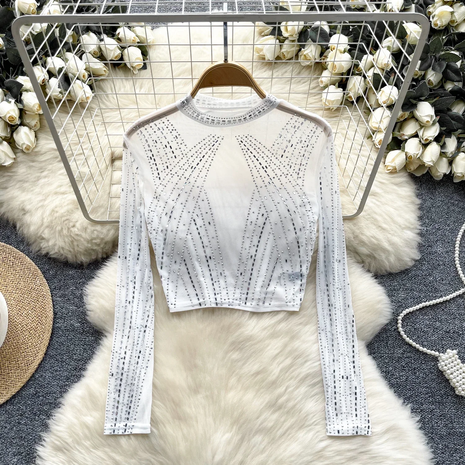 2025แฟชั่นHotsweetฤดูร้อนตาข่ายเสื้อยืดผู้หญิงครึ่งเปิดคอเพชรSheer Slimเซ็กซี่StreetwearบางCrop Tops