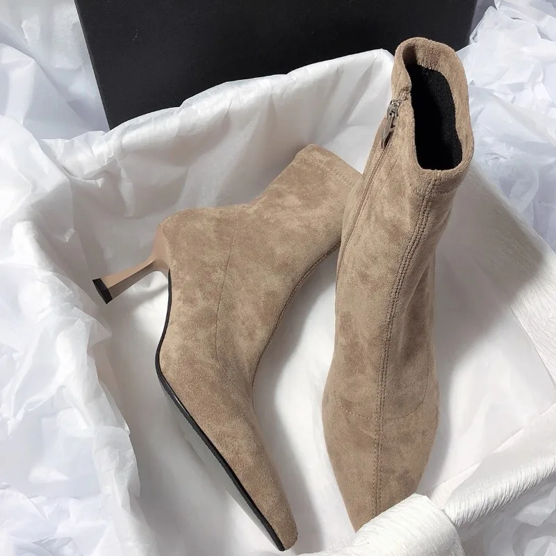 

New Style Pointed Toe Fleeces Women Sock Boots Fashion Side Zippers Shoes Autumn Winter High Heel Women's Morder Short Booties