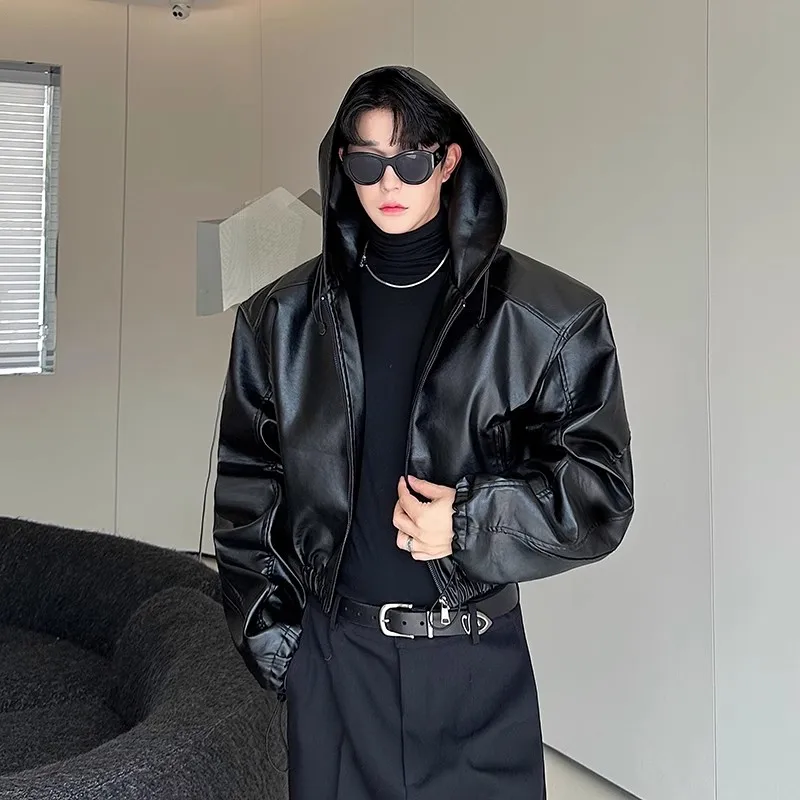 Mauroicardi Spring Autumn Short Waterproof Black Pu Leather Jacket Men Hood Zipper High Waist Loose Casual Korean Fashion 2025