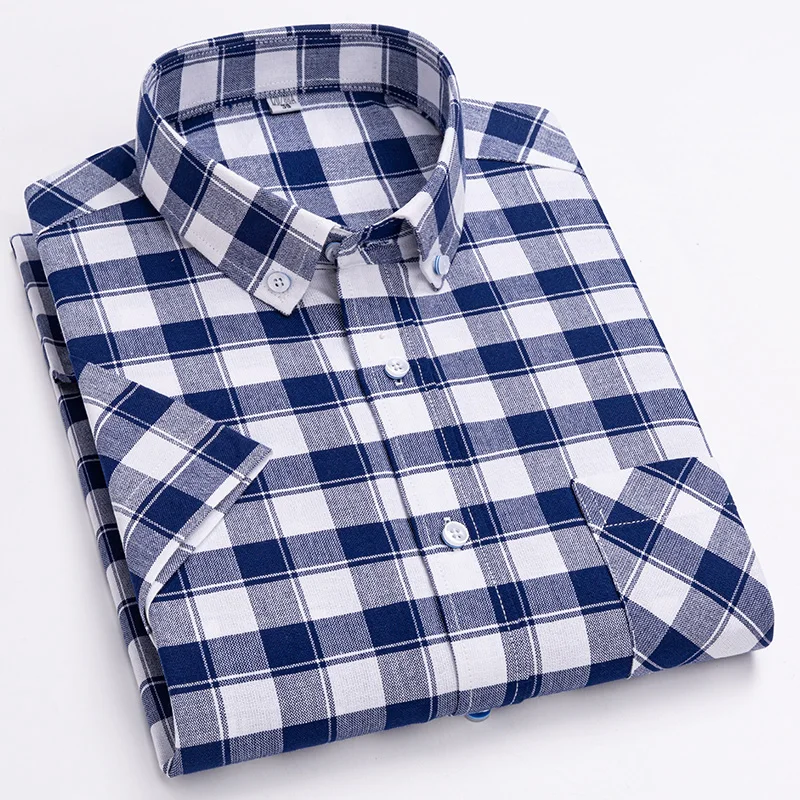 Summer Men Short Sleeve Plaid Shirt 100% Cotton Oxford Casual Thin Comfortable yellow Checkered Adolescent School Male Clothing