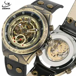 Luxury Brand Mens Mechanical Watches Vintage Bronze Sport Leather Watch Skeleton Automatic Self Wind Watches Relogio Masculino