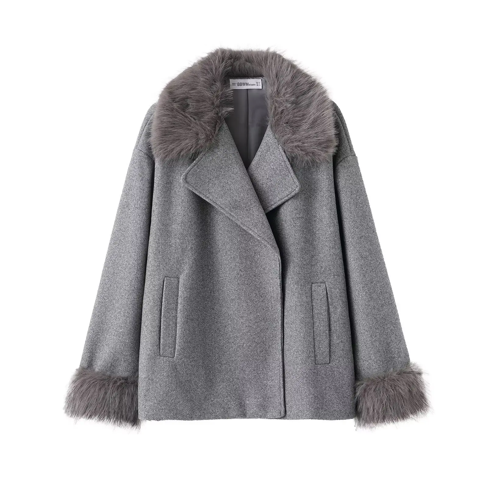 

Women's Loose Elegant Coat Fall Winter Fashionable Casual Versatile Fur-collar Warm Outwear Lapel Long-sleeve Solid Color Jacket