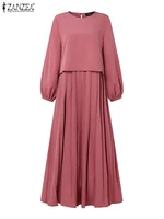 Robes Patchwork Printemps Femme 2026 ZANZEA Abaya Musulmane Élégante à Manches Longues Unie Plissée Robe d'été Vêtements Islamiques 2