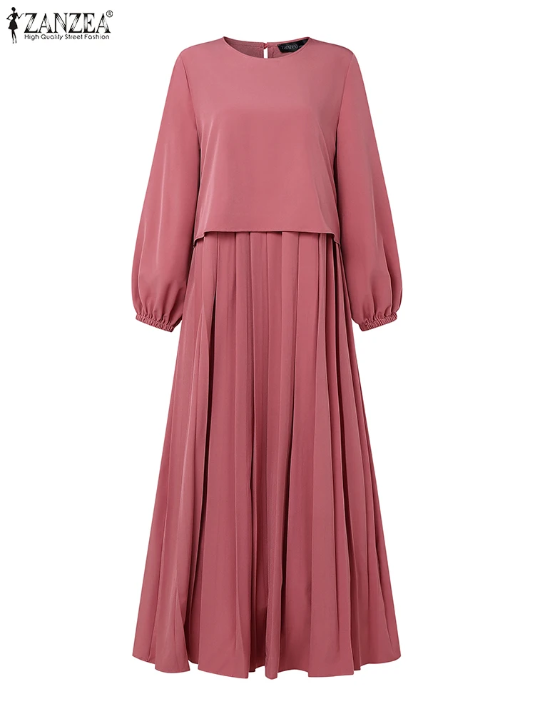Women Spring Patchwork Dresses 2026 ZANZEA Muslim Abaya Robe Femme Elegant Long Sleeve Solid Pleated Sundress IsIamic Clothing