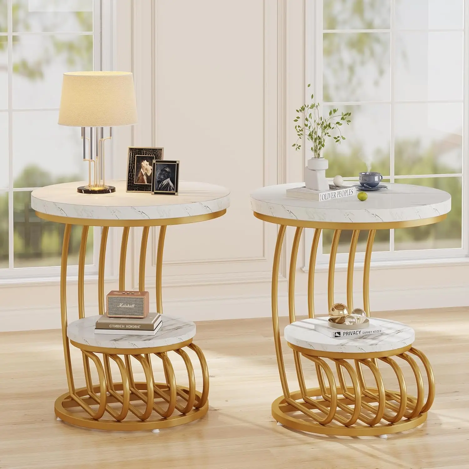 Tribesigns Gold Round End Table: 2 Tiers Side Table Set Of 2 With Storage Shelf, Modern White Gold Bedside Nightstand, Metal