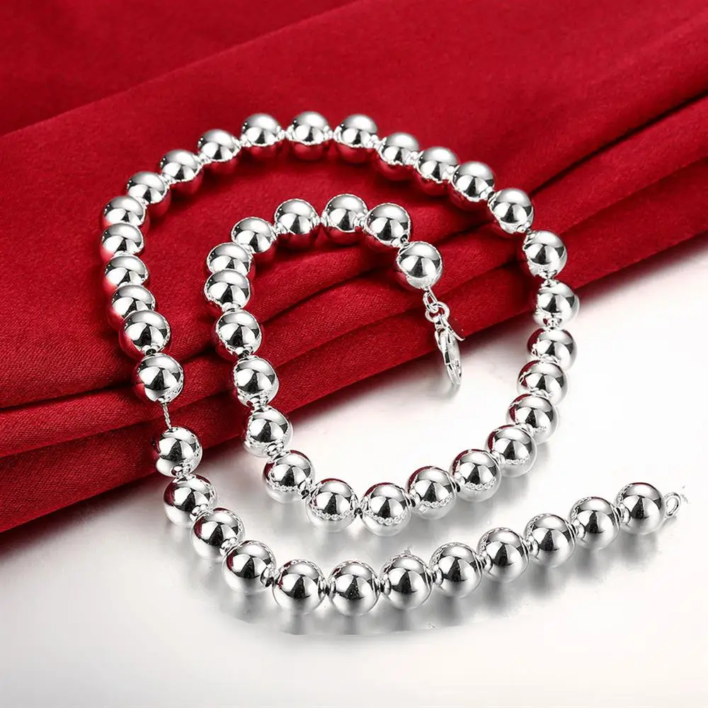 

Hot 925 Sterling Silver Necklaces Jewelry 20 Inches 10MM Classic Smooth Beads Fashion Necklace for Women Christmas Gifts