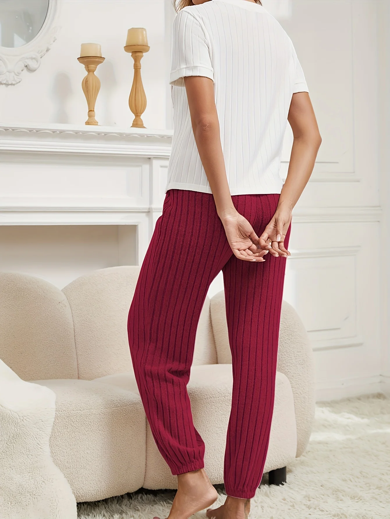 Women Autumn Winter Two-Piece Pajamas Set Soft Ribbed Fabric Short Sleeve Round Neck T-shirt Top and Trousers Loungewear