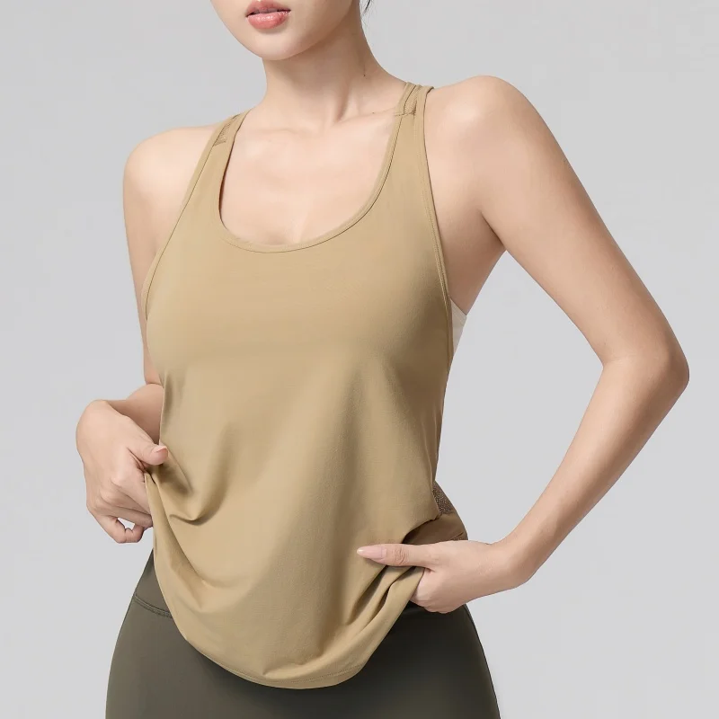 Sommerliches, ärmelloses Yoga-T-Shirt für Damen, einfarbig, leicht, atmungsaktiv, schnelltrocknend, ideal als Sportoberteil für das Fitnessstudio oder zum Laufen. – Detail 12