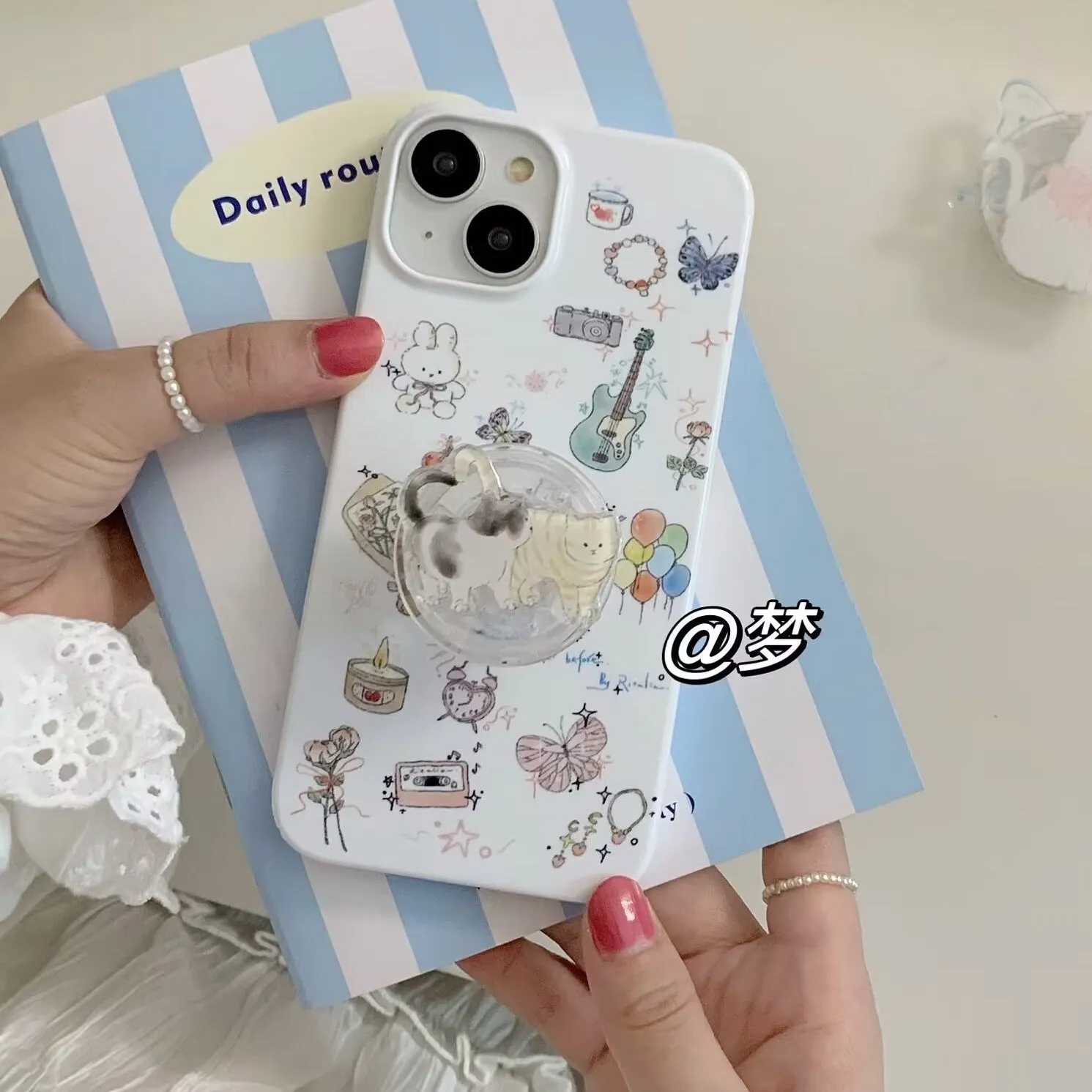 Cartoon Cute Guitar Cat Phone Case for IPhone 14 11 12 13 Pro Max Korean INS Vintage Graffiti Phone Case for IPhone XR XS MAX